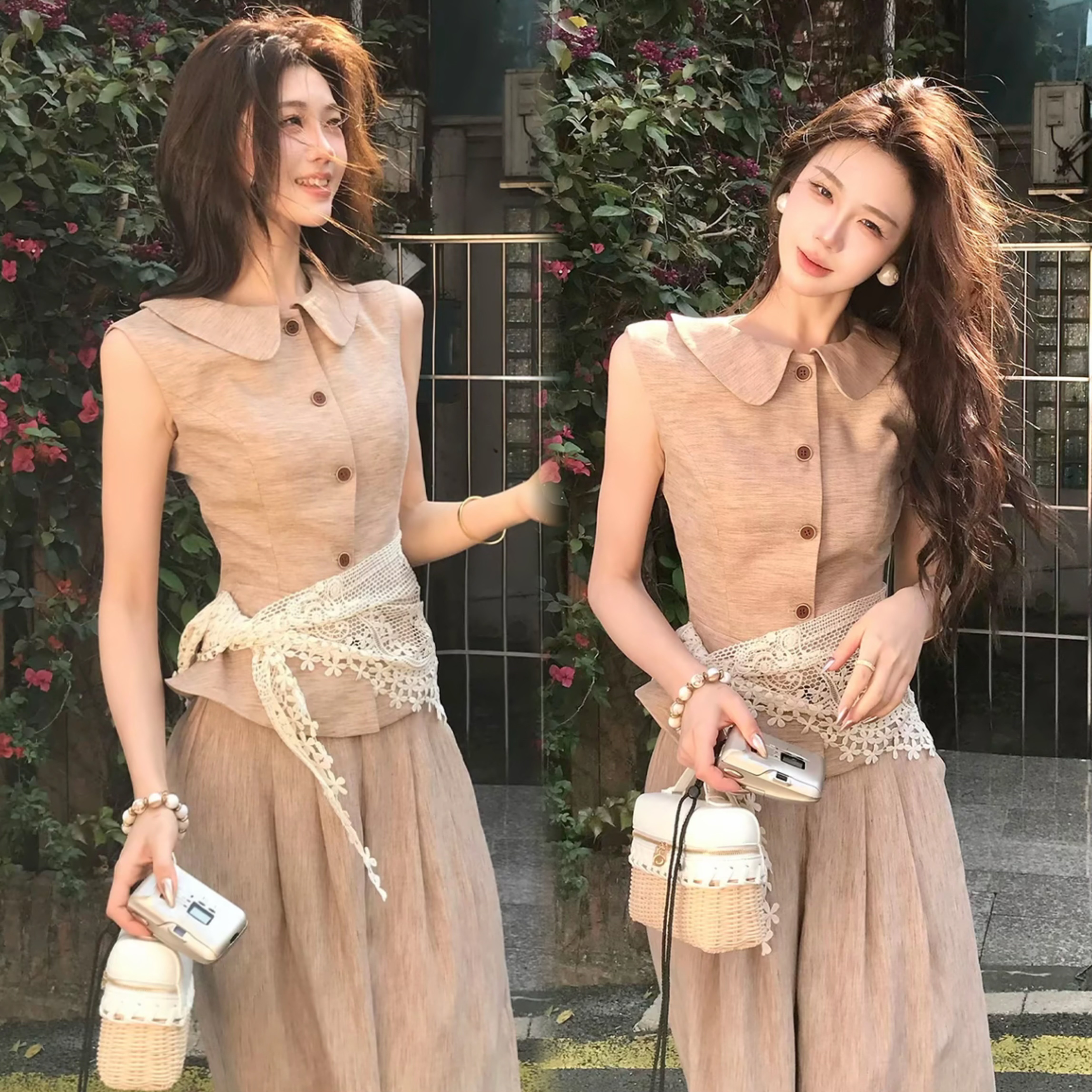 무쯔리 목자이 ~ 중 리 꽃 처마 따뜻한 회복 고대 문예 바람 민소매 허리 수축 맨위 와이드 레그 팬츠 신선함 세트