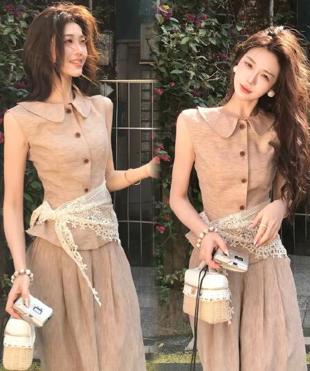 무쯔리 목자이 ~ 중 리 꽃 처마 따뜻한 회복 고대 문예 바람 민소매 허리 수축 맨위 와이드 레그 팬츠 신선함 세트