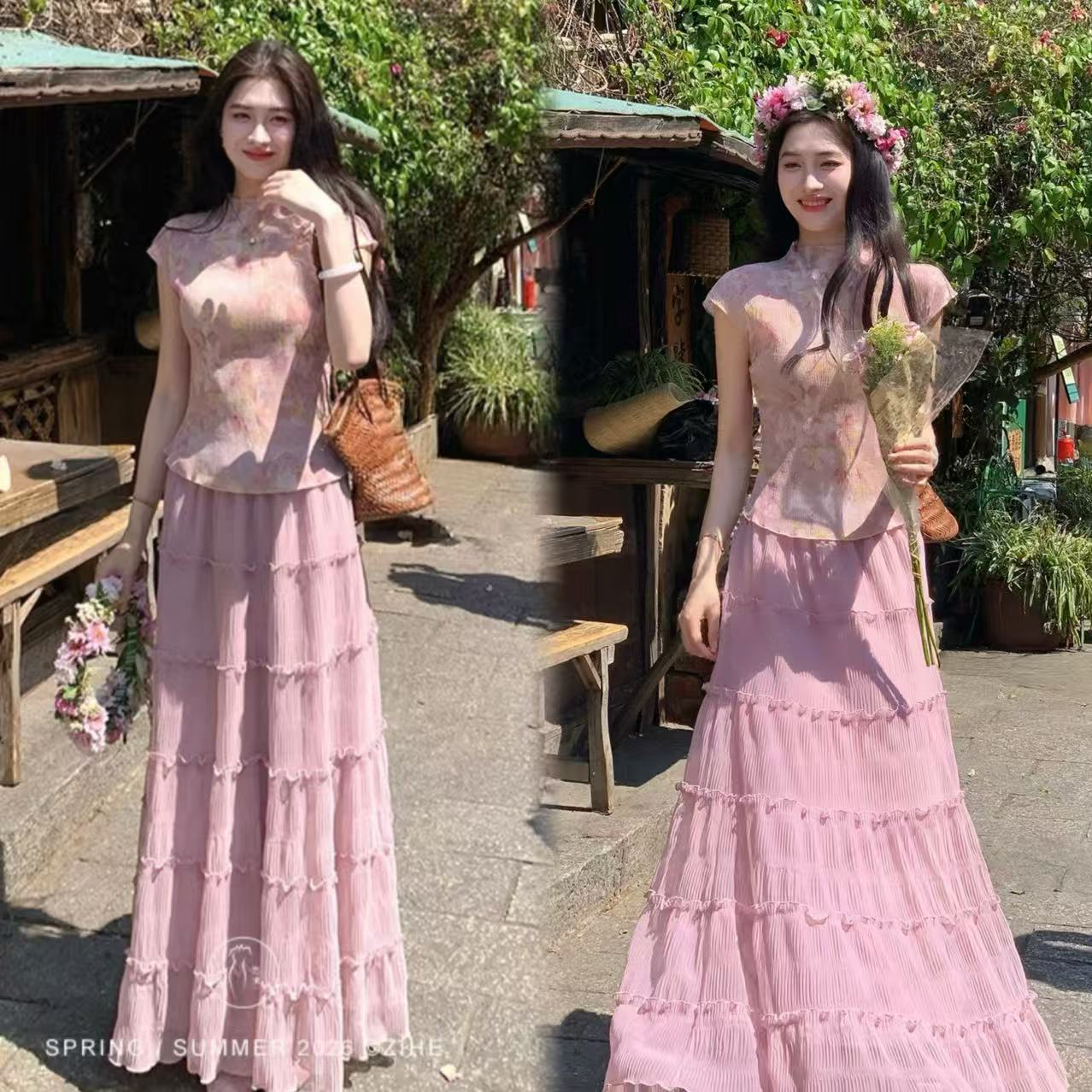 RY3161# 凌茜恣禾雾间晓花国风新中式短款碎花肌理感晕染显上衣+裙子套...