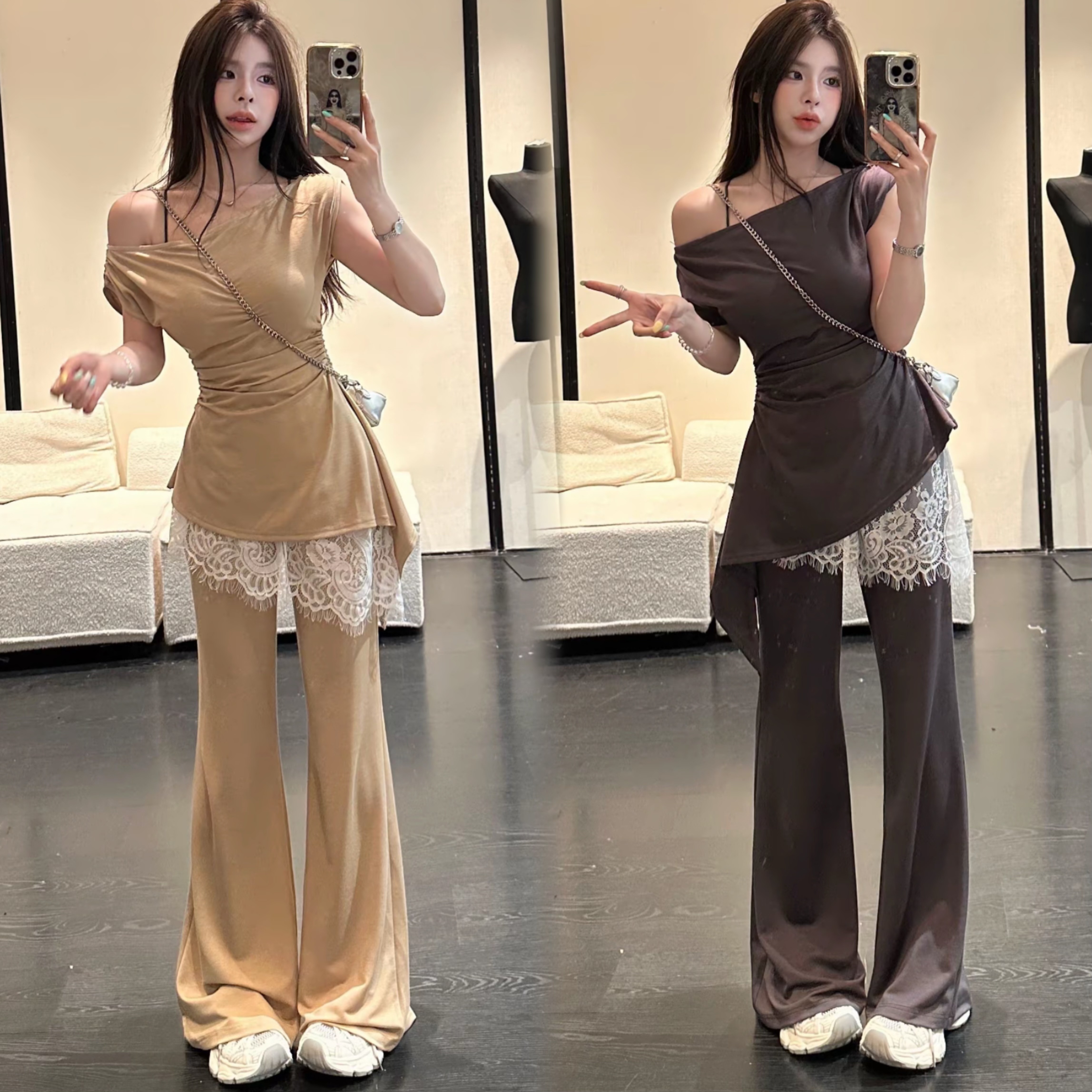 huihui 새로운 불규칙 주름 허리 수축 맨위 가져 가라. 레이스 방귀 커튼 부츠컷 바지 세트