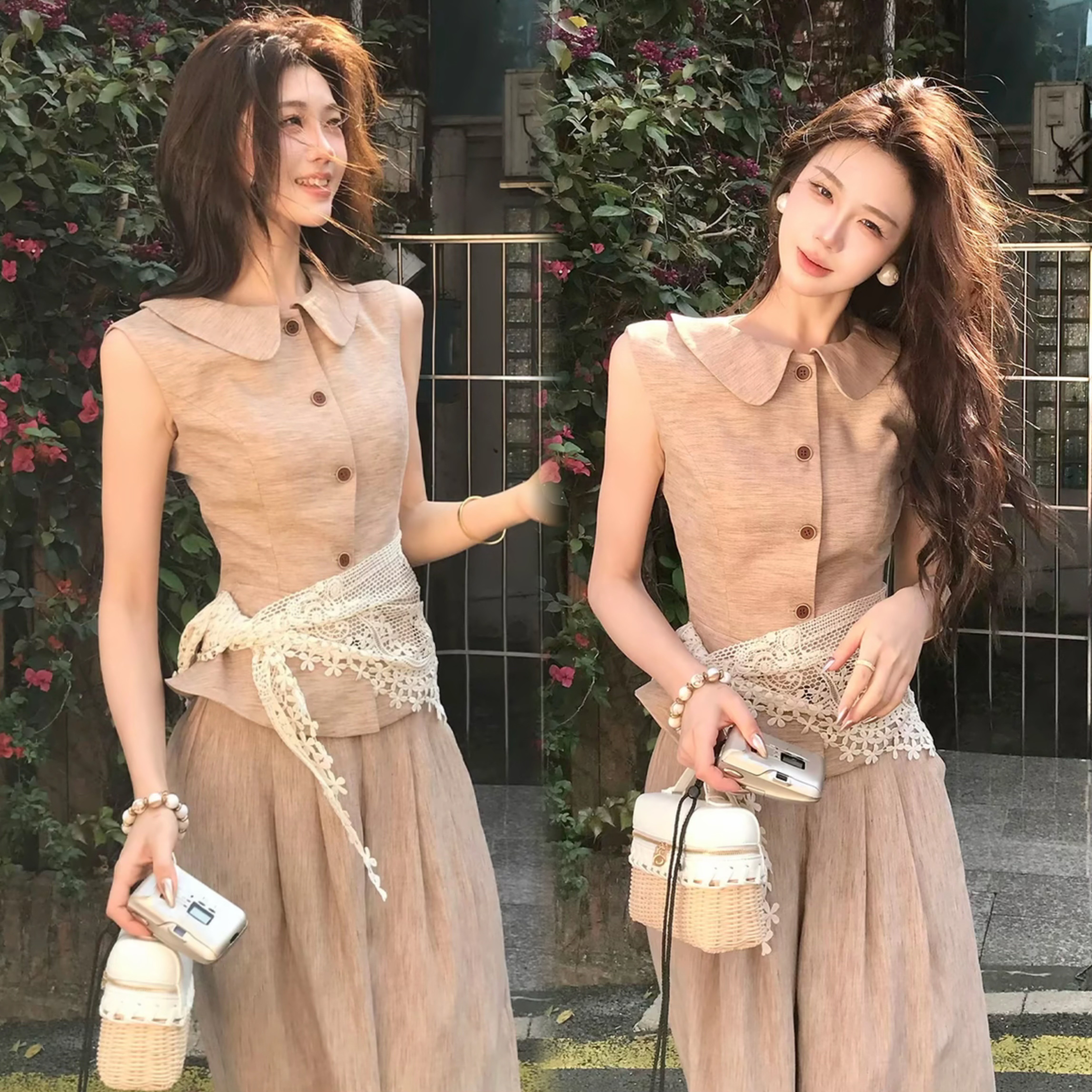 무쯔리 목자이 ~ 중 리 꽃 처마 따뜻한 회복 고대 문예 바람 민소매 허리 수축 맨위 와이드 레그 팬츠 신선함 세트