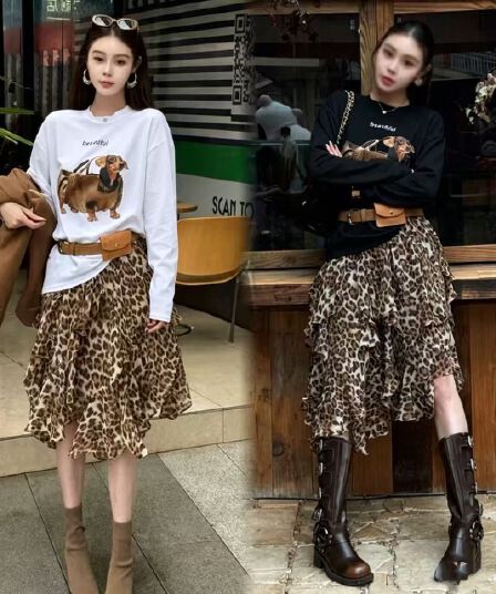 에 따르면 아름다움 딩 다용도 경 사진 디자인 허리밴드 레오파드 무늬 하프 거즈 스커트 루즈핏 티셔츠 세트