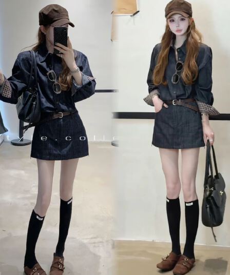 체스 판 그리드 vintage 소매 싸움 체크무늬 데님 셔츠 치마 세트