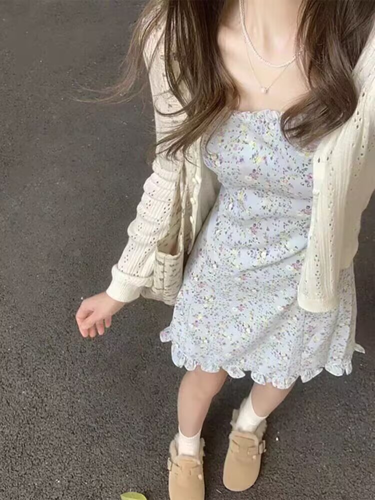 2026 새로운 차 휴식 프랑스식 고급 센스 작은 키 파란색 꽃무늬 슬립 드레스 투피스 슈트 여성 여름