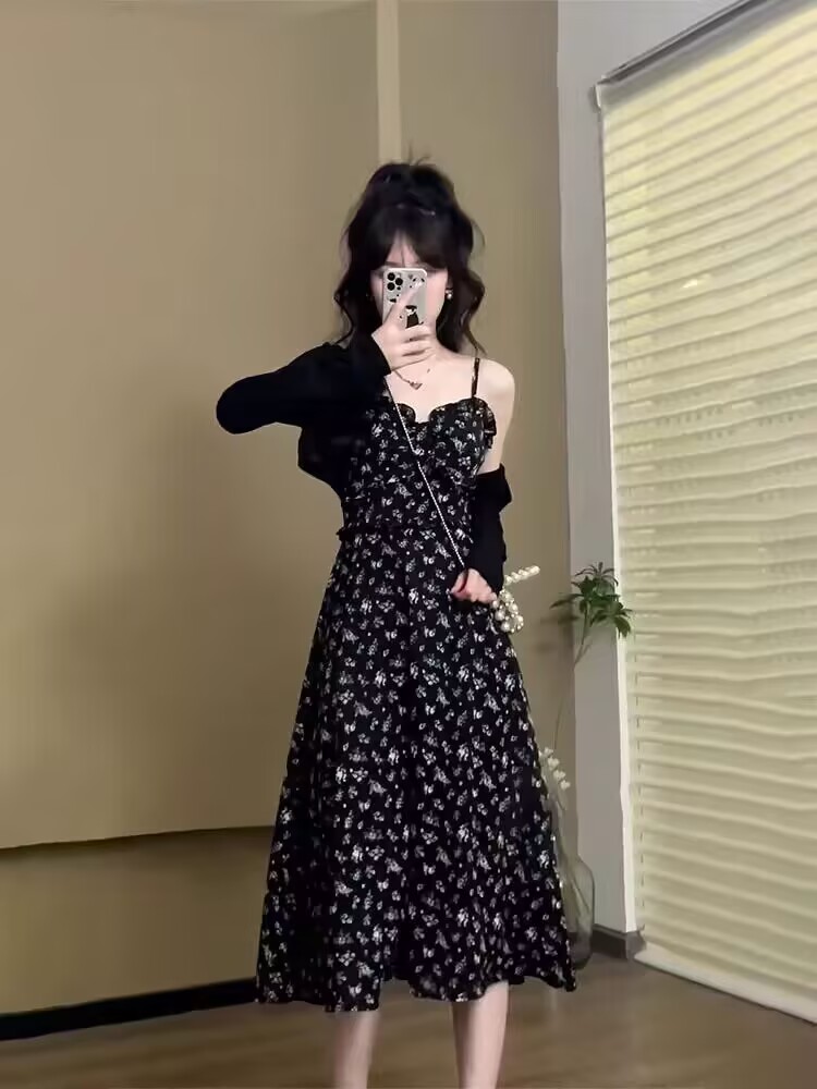 2026 새로운 차 휴식 프랑스식 쉬폰 작은 어린이 길이 치마 검정색 꽃무늬 슬립 드레스 투피스 슈트 여성 여름