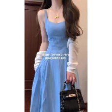 批发2026新款法式高级感小个子雪纺长裙蓝色吊带<b class='q'>连衣裙</b><b class='q'>两件套</b>装女夏