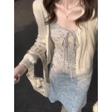 批发2026新款法式高级感小个子雪纺长裙碎花吊带<b class='q'>连衣裙</b><b class='q'>两件套</b>装女夏