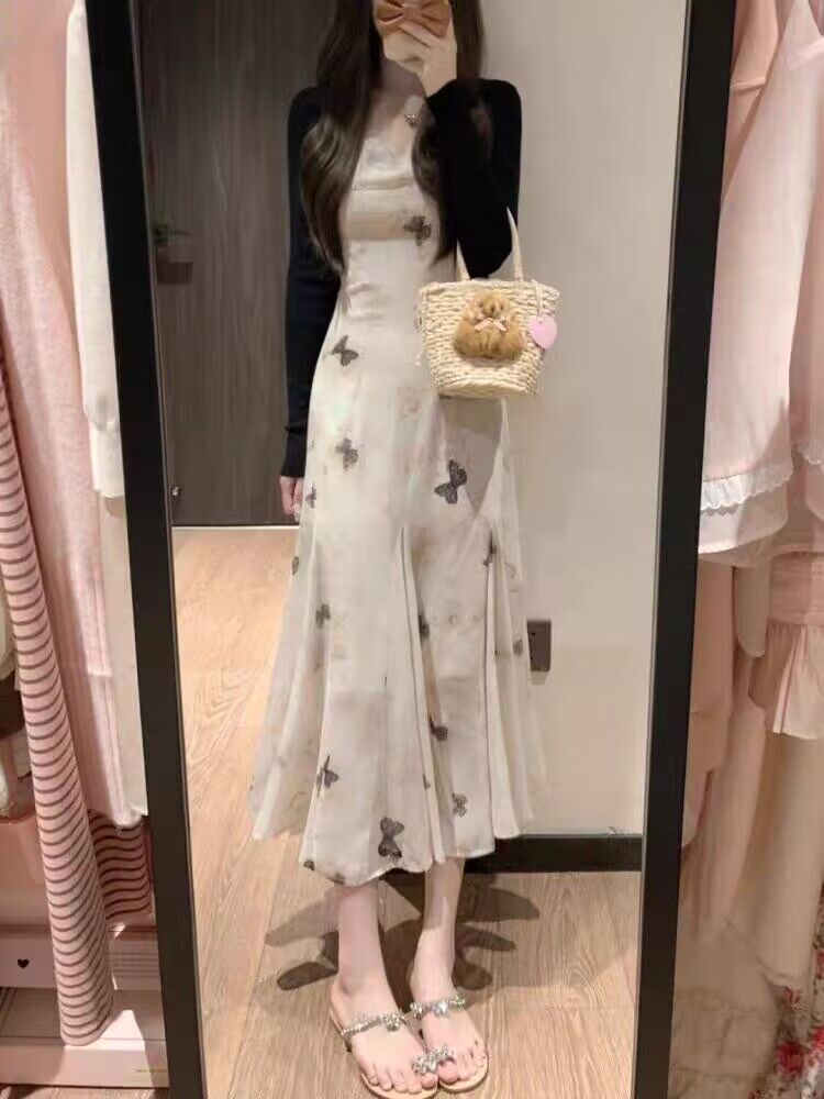 2026 새로운 프랑스식 고급 센스 작은 키 쉬폰 롱 스커트 꽃무늬 슬립 드레스 투피스 슈트 여성 여름