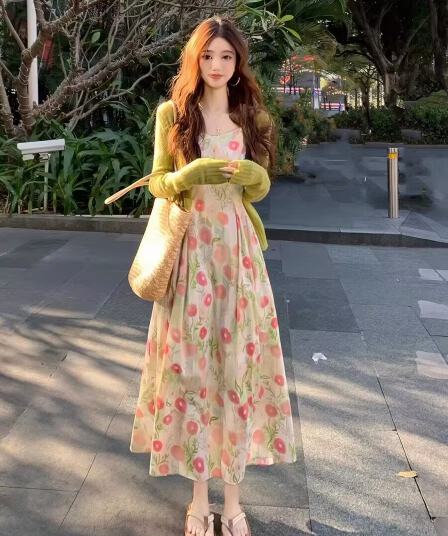 2026 섹션 프랑스식 고급 센스 작은 키 쉬폰 롱 스커트 녹색 꽃무늬 슬립 드레스 투피스 슈트 여성 여름