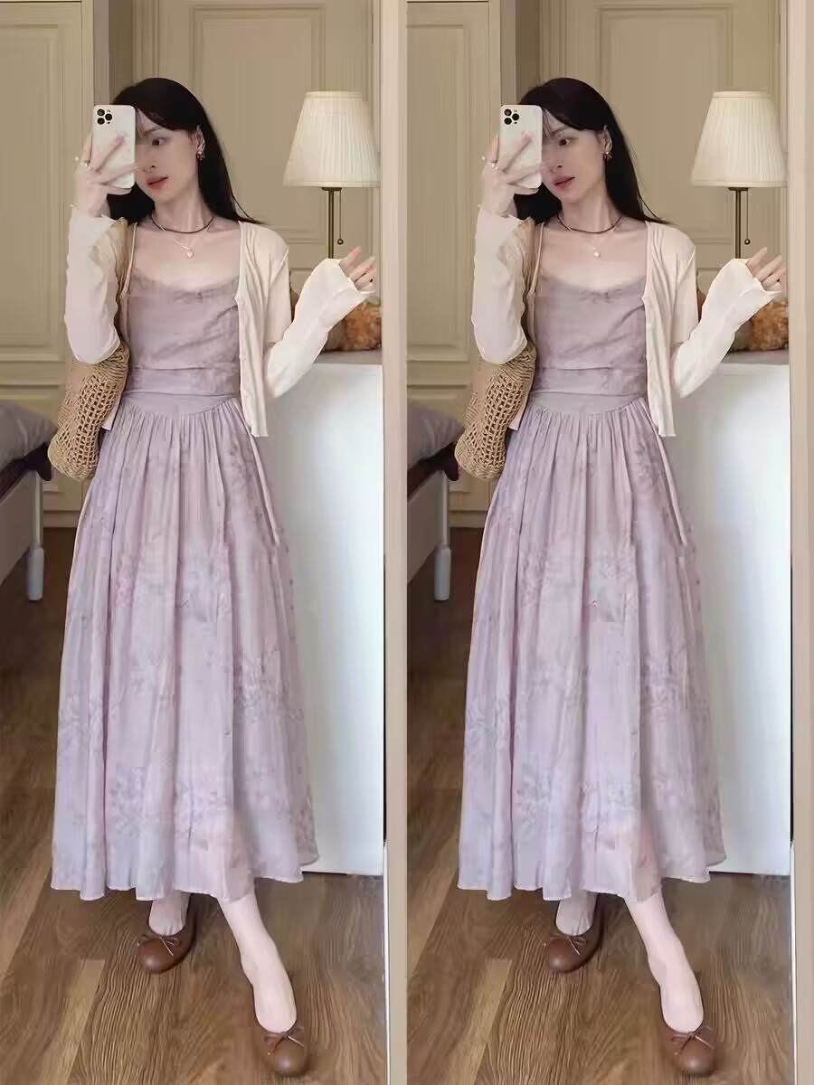 2026 섹션 프랑스식 고급 센스 작은 키 쉬폰 롱 스커트 보라색 꽃무늬 슬립 드레스 투피스 슈트 여성 여름