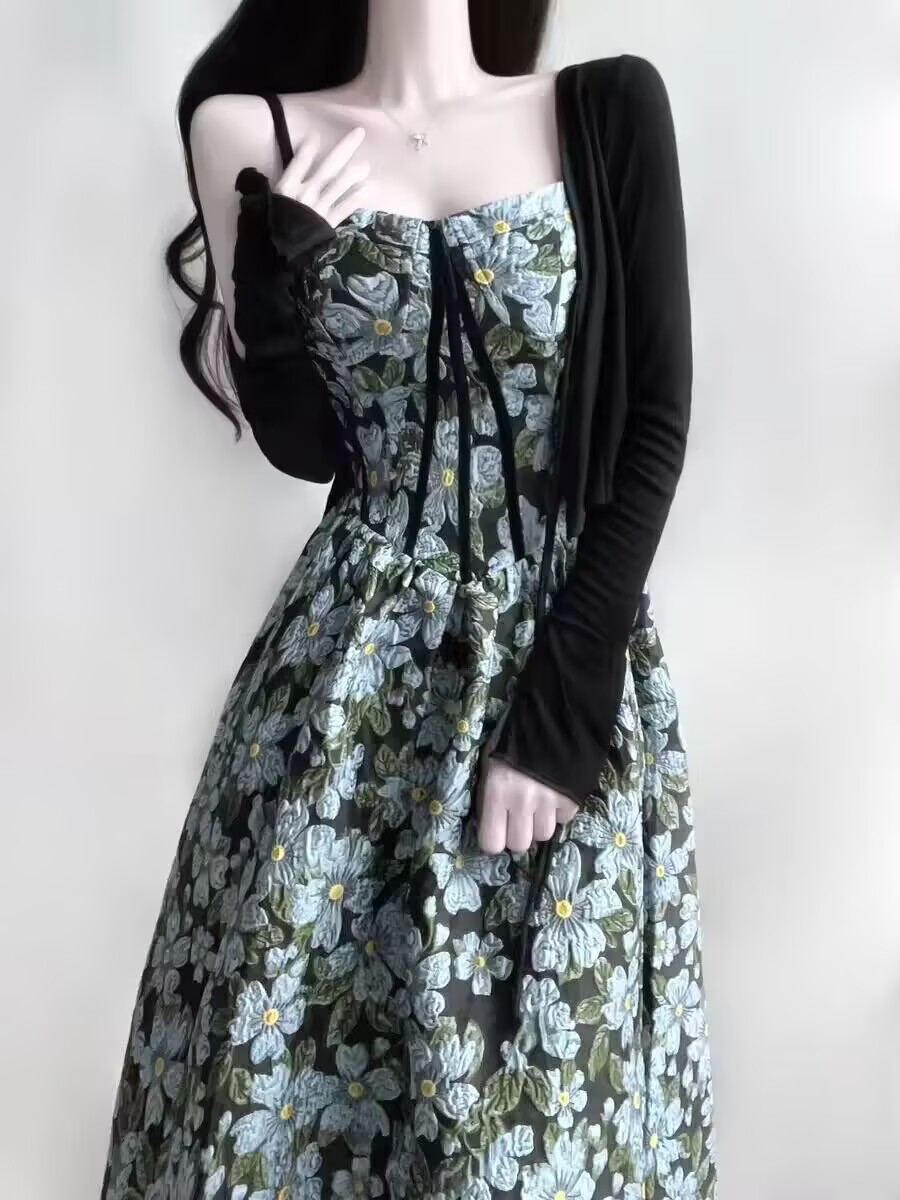 프랑스식 레트로 유화 바람 꽃무늬 슬립 드레스 투피스 슈트 여성 여름 작은 키 허리 수축 고급 센스 롱 스커트