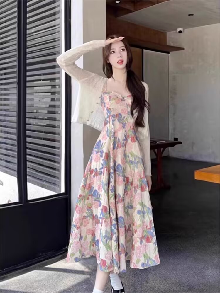 차 휴식 프랑스식 아름다운 꽃무늬 슬립 여성 드레스 이른 봄 여름 품격 고급 센스 허리 수축 길다 치마 세트