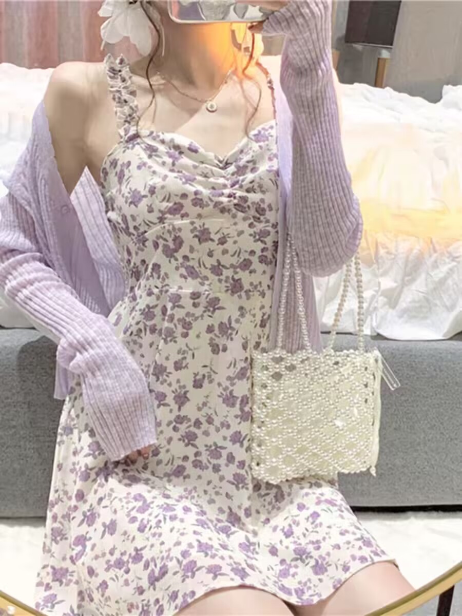 2026 섹션 작은 키 프랑스식 고급 센스 쉬폰 미니 스커트 보라색 꽃무늬 슬립 드레스 투피스 슈트 여성 여름