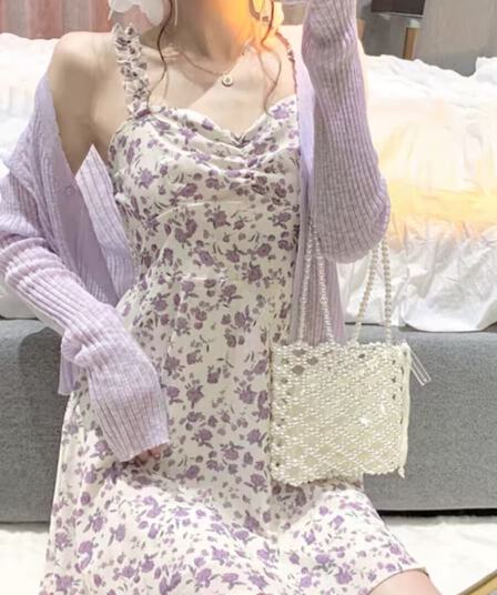2026 섹션 작은 키 프랑스식 고급 센스 쉬폰 미니 스커트 보라색 꽃무늬 슬립 드레스 투피스 슈트 여성 여름