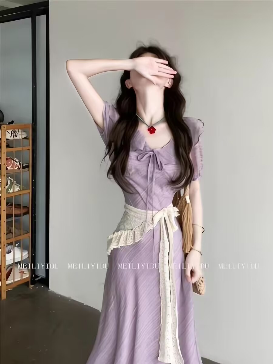 프랑스식 보라색 여성 드레스 여름 2026 새로운 작은 키 고급 센스 해변가 휴가 허리 수축 쉬폰 롱 스커트