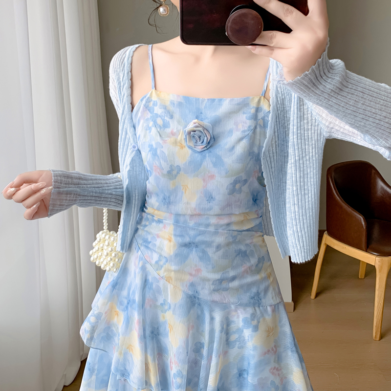 실사 여름 새로운 프랑스식 품격 보라색 꽃무늬 프릴 여성 드레스 오픈 가디건 슬립 드레스 투피스 세트