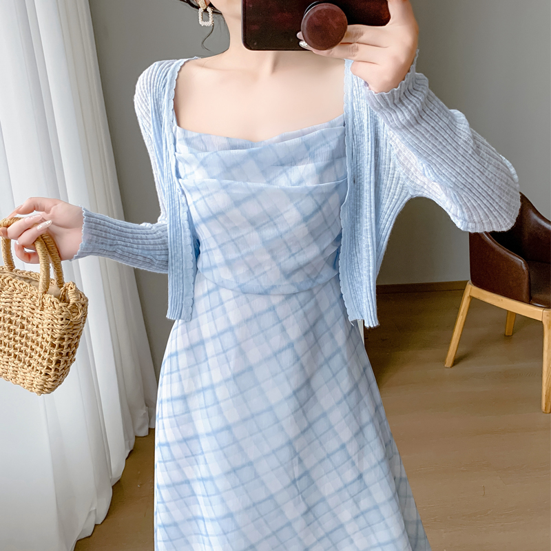 실사 프랑스식 꽃무늬 슬립 드레스 투피스 세트 고급 센스 허리 수축 슬림해 보이는 품격 휴가 바람 요정 롱 스커트