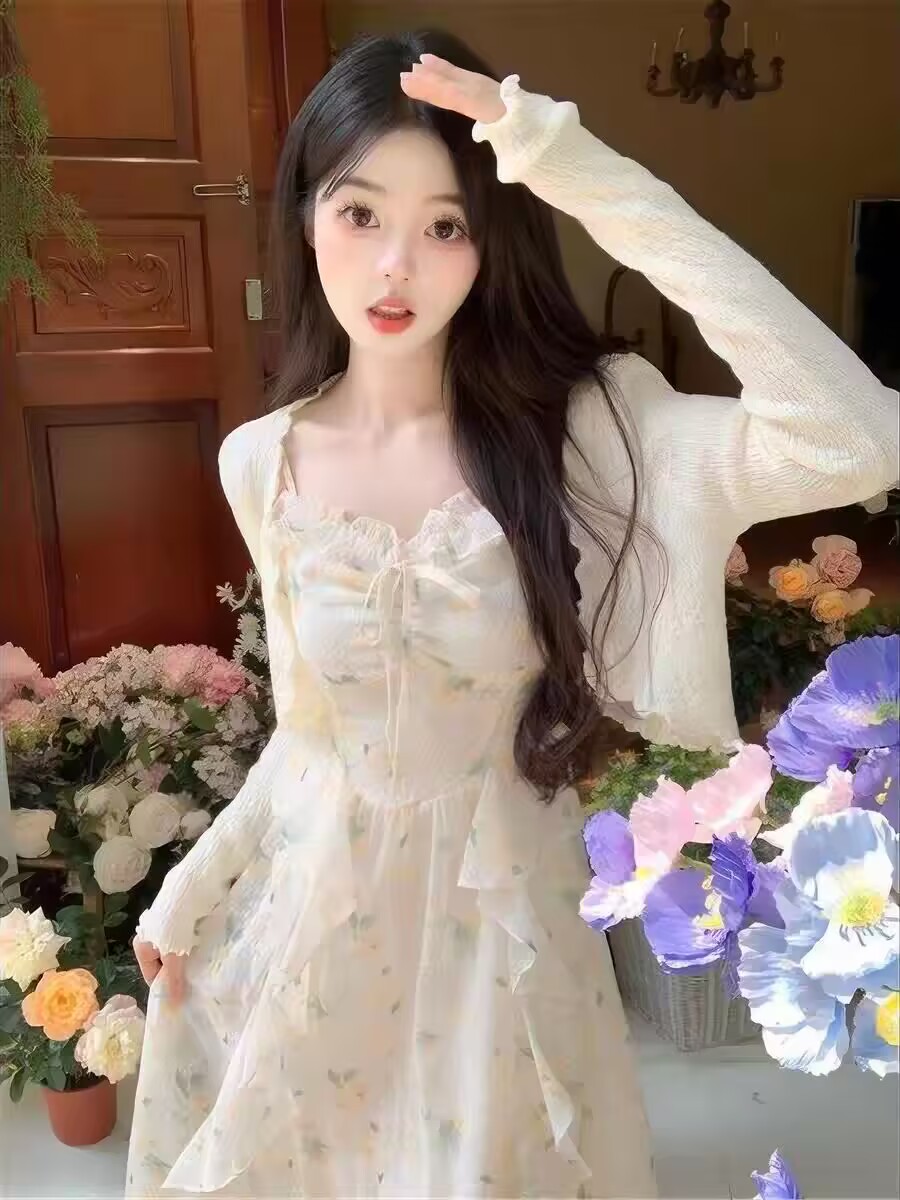 프랑스식 꽃무늬 슬립 드레스 2026 새로운 고급 센스 작은 키 쉬폰 롱 스커트 투피스 슈트 여성 여름