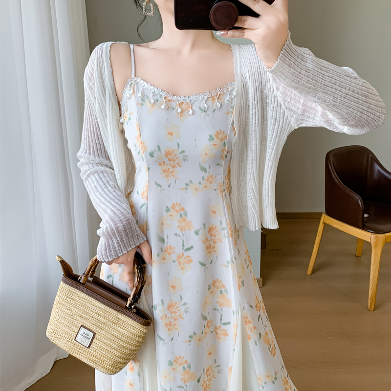 실사 프랑스식 아름다운 품격 부드러운 바람 꽃무늬 슬립 여성 드레스 여름 새로운 망사 패치워크 롱 스커트