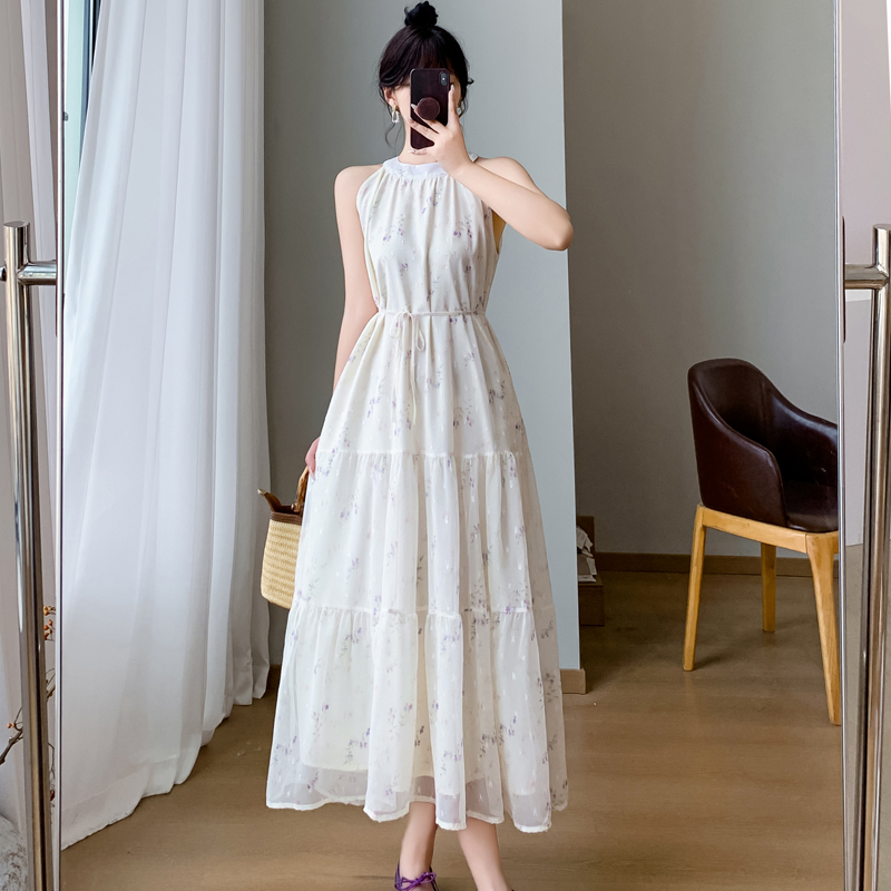 실사 아름다운 행침 목 프랑스식 오프숄더 여성 드레스 여름 새로운 민소매 차 휴식 해변가 휴가 롱 코트 치마