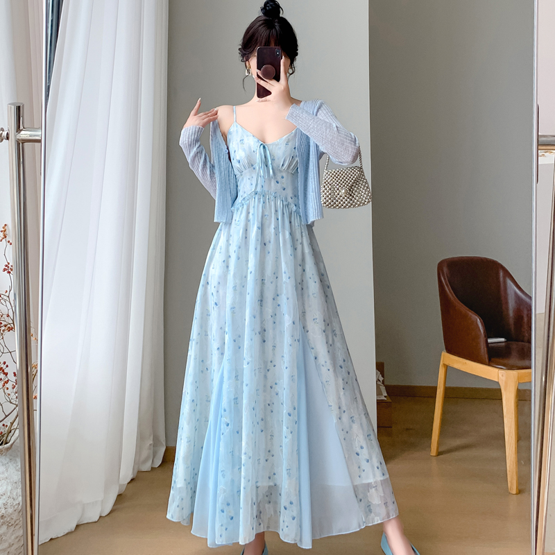 실사 2026 섹션 프랑스식 고급 센스 작은 키 쉬폰 롱 스커트 꽃무늬 슬립 드레스 투피스 슈트 여성 여름