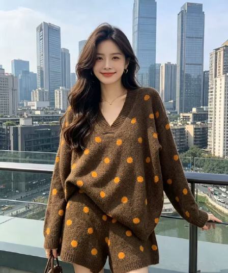 프랑스식 작은 샤넬 스타일 회색 니트 세트 여성 새로운 가을 겨울 착용 가져 가라. 슬림해 보이는 도트 무늬 맨위 반바지 투피스 세트