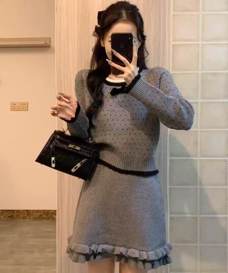 소보 무곡 도트 무늬 레이스 나비 매듭 스웨터 느긋한 긴팔 맨위 미니 스커트 세트