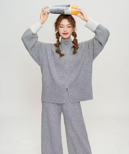 느긋한 바람 캐주얼 전체 집합 여성 의류 가을 겨울 새로운 루즈핏 스웨터 니트 오픈 가디건 와이드 레그 팬츠 투피스 세트