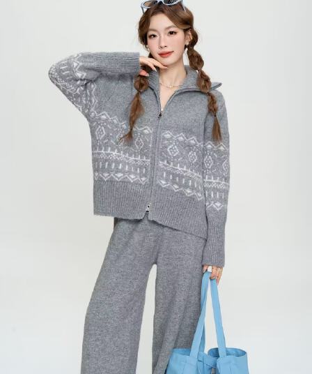 느긋한 바람 가을 겨울 새로운 양모 니트 스웨터 폴로 칼라 루즈핏 지퍼 재킷 캐주얼 와이드 레그 팬츠 두 조각 여성 세트