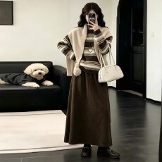 批发轻熟高知一整套穿搭秋冬季高级感减龄条纹针织毛衣半身裙三件套装