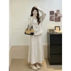 批发温柔风荷叶边长袖针织开衫上衣女秋冬2026新款慵懒风套装