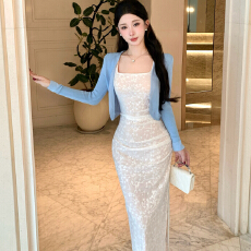 批发修身收褶简约方领蕾丝高腰开衩连衣裙+长袖百搭针织<b class='q'>开衫</b>