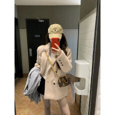 批发solo爆爆~暖棉质感~韩版含羊毛高级感粉色西装外套双排扣毛呢外套