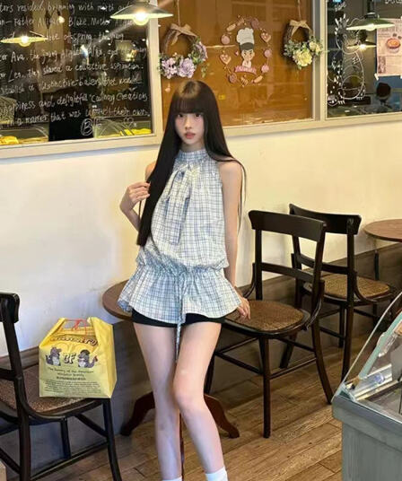 atmoaosu airy 그리드 부드러운 행침 목 펌프 로프 나비 매듭 여성 드레스 디자인 센스 민소매 맨위 조끼