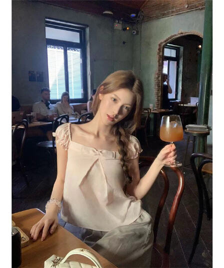 zhidaole 빛 산소 센스 달콤함 라이트 핑크 나비 매듭 반팔 맨위 여름 분기 별 칼라 루즈핏 다용도 작은 셔츠