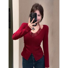 批发微胖mm法式气质拼接亮片挂脖<b class='q'>长袖</b>T恤女秋冬<b class='q'>大码</b>修身显瘦内搭上衣