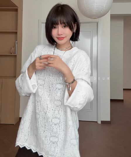 한 부서 라운드 넥 루즈핏 화이트 티셔츠 레이스 외국 가스 긴팔 가을 겨울 만나는 슈퍼 600 사람들 플러스 구매