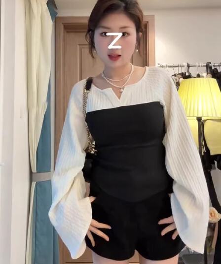 빅 사이즈 프랑스식 레트로 배색 패치워크 긴팔 맨위 여성 봄 가을 지방 mm 부드러운 슬림해 보이는 나팔 소매 니트 스웨터