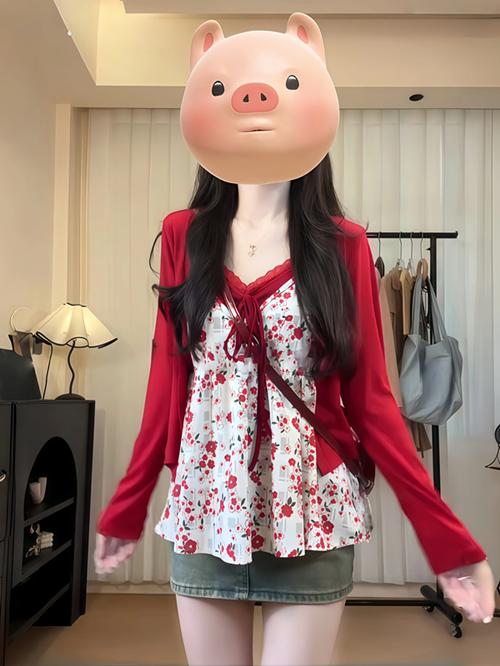 빅 사이즈 페이크 레이어드 프랑스식 핫걸 꽃무늬 캐미솔 마이크로 지방 mm 새로운 슬림해 보이는 달콤함 루즈핏 맨위 슬립
