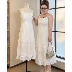 批发涵胖胖新品白雾风铃~蕾丝拼接收腰显瘦吊带连衣裙