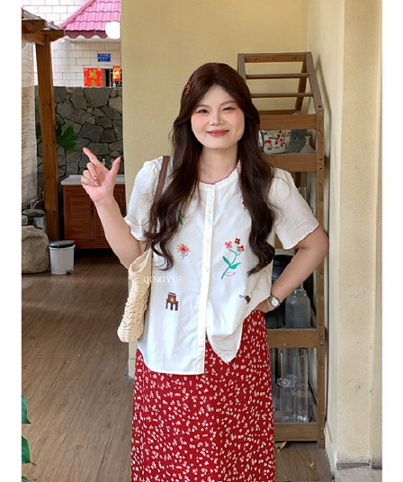 녹색 섬 셔츠 마이크로 지방 여름 빅 사이즈 프랑스식 달콤함 연령 감소 부드러운 바람 꽃무늬 프린트 목이버섯 긍정적 인 어깨 여성 셔츠
