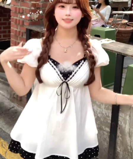 빅 사이즈 지방 mm 베이비 칼라 도트 무늬 패치워크 페이크 레이어드 여성 드레스 여름 프랑스식 소녀 바람 순수한 욕망 슬림해 보이는 치마