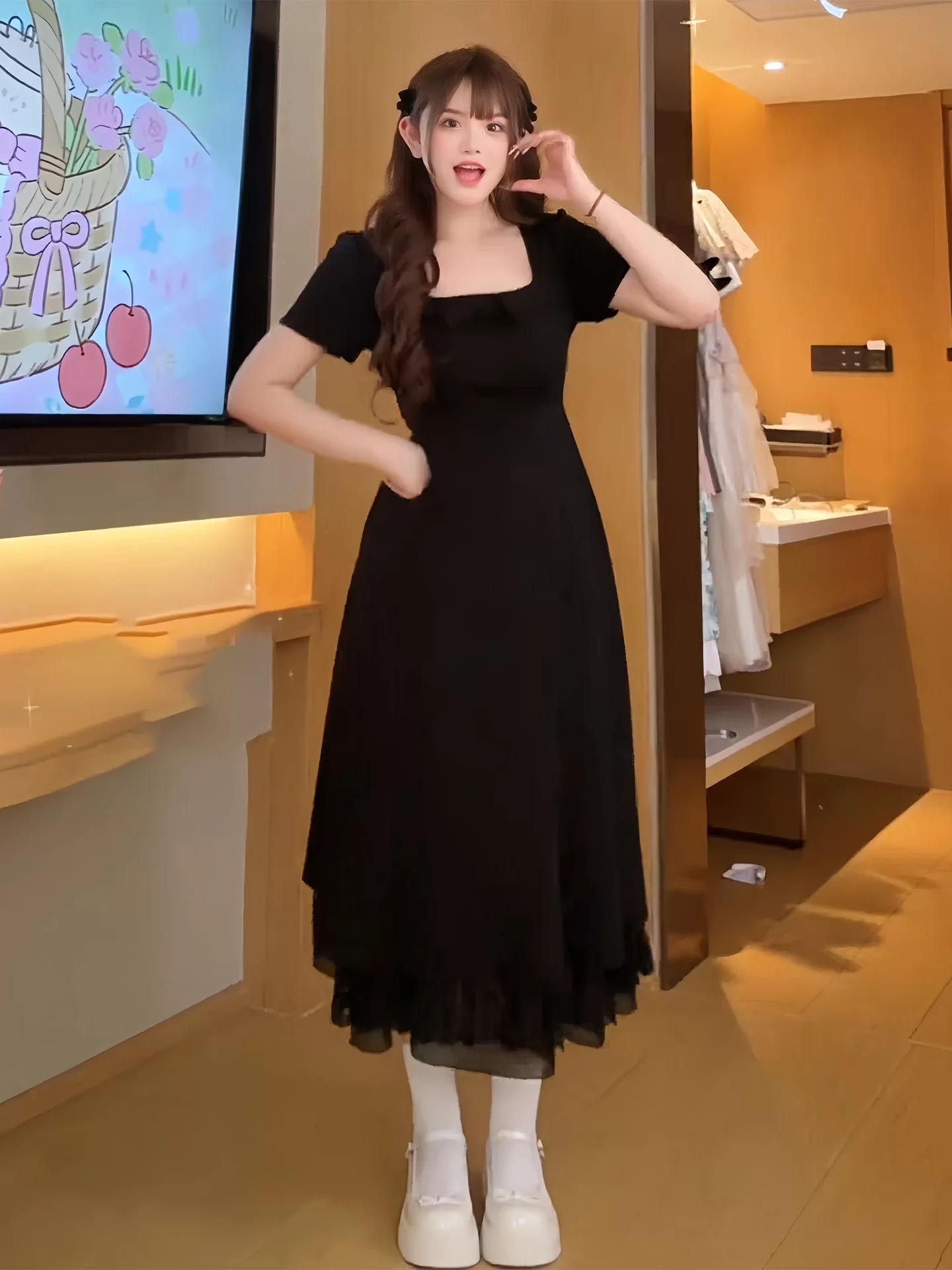빅 사이즈 그는 벤 바람 여성 드레스 여름 지방 mm 슬림해 보이는 프랑스식 광장 칼라 거품 소매 허리 수축 작은 대중 품격 롱 스커트