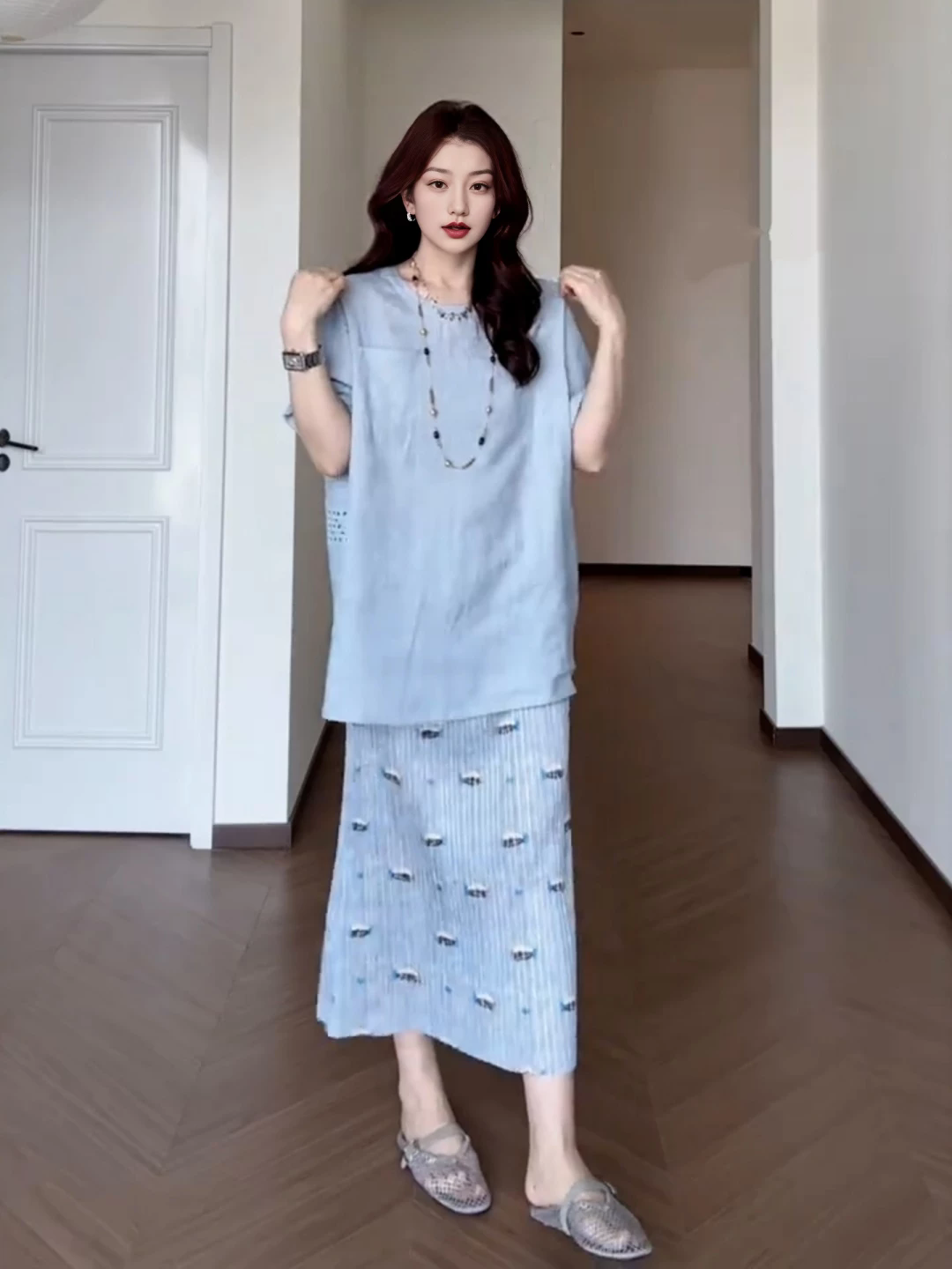 빅 사이즈 여성 의류 한 부서 프린트 파란색 한 마디 반신 스커트 새로운 마이크로 지방 mm 배 모양 표지 넓적 다리 슬림해 보이는 도루 센스 치마