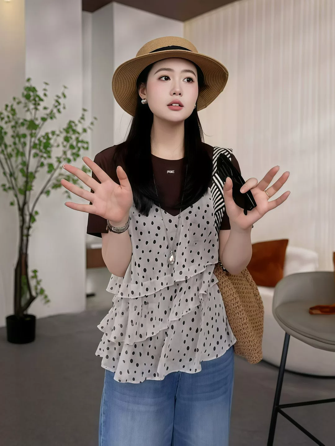 빅 사이즈 여성 의류 한 부서 프릴 도트 무늬 슬립 페이크 레이어드 맨위 여름 새로운 지방 mm 표지 배 반팔 티셔츠