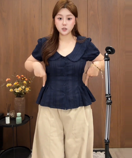 빅 사이즈 프랑스식 베이비 칼라 거품 소매 여성 셔츠 여름 지방 mm 디자인 센스 작은 대중 허리 수축 슬림해 보이는 품격 맨위