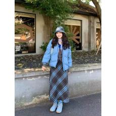 批发学院风蓝咖色斜裁格子直筒毛呢半身裙女秋季新款气质高级感中<b class='q'>长裙</b>