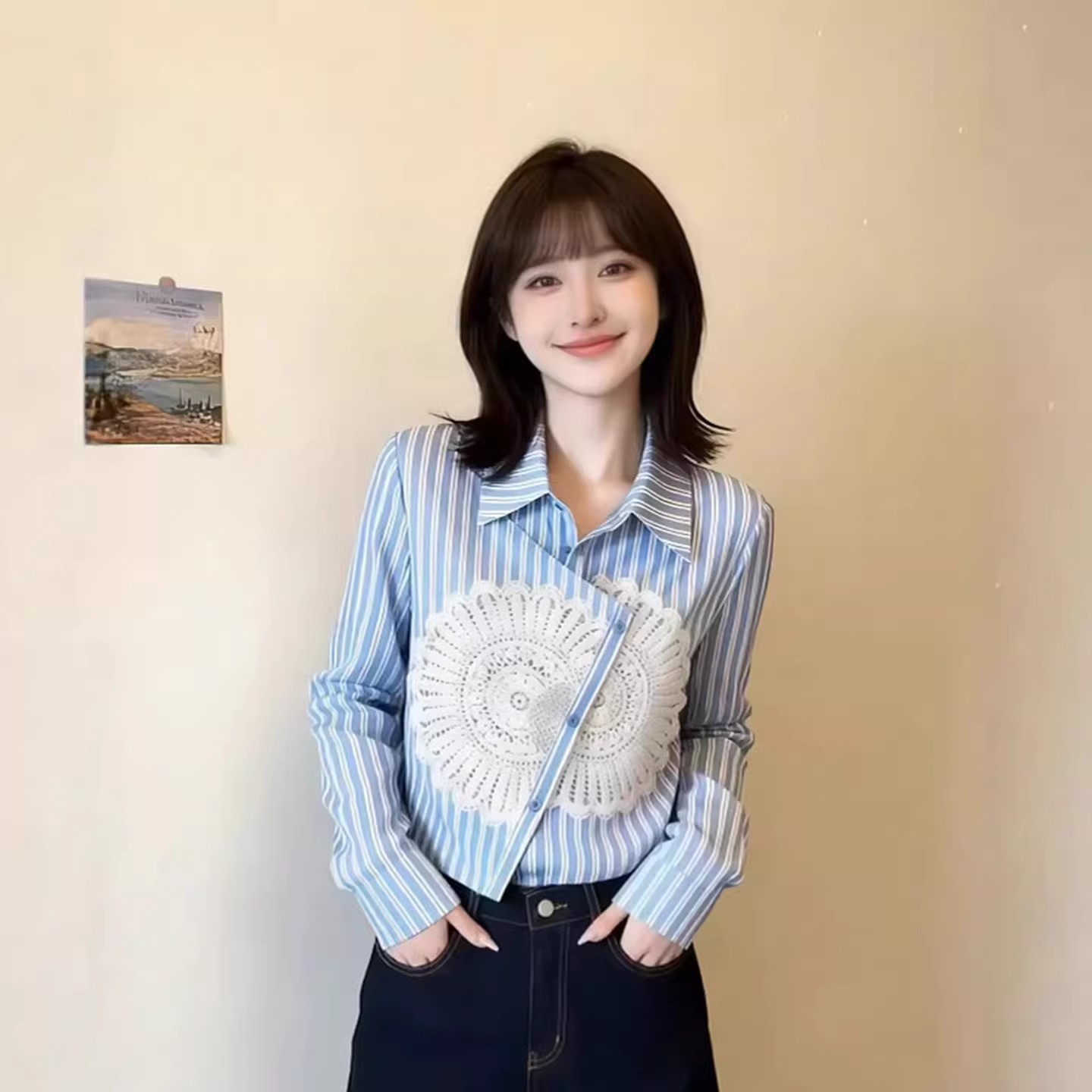 작은 키 한 부서 착용 가져 가라. 파란색 쇼트 스타일 스트라이프 셔츠 맨위 2026 년 봄 새로운 작은 셔츠 셔츠 여성 의류