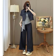 批发实拍26夏新款<b class='q'>大码</b>女仿牛仔<b class='q'>外套</b>格子吊带上衣显瘦直筒阔腿裤三套装