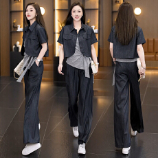 批发实拍26夏新款大码女仿<b class='q'>牛仔</b>外套条纹吊带上衣显瘦直筒阔腿裤三套装